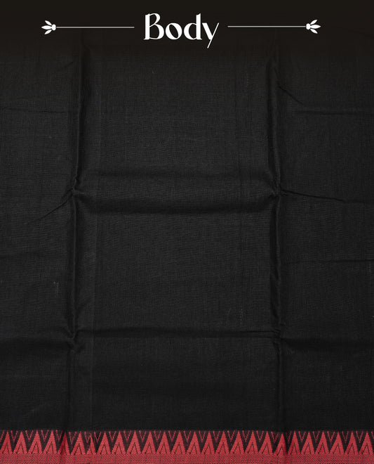 Black colour Narayanapattu cotton saree Featuing a plain body, complemented by a Red colour temple designed border & contrast pallu, paired with a matching blouse piece