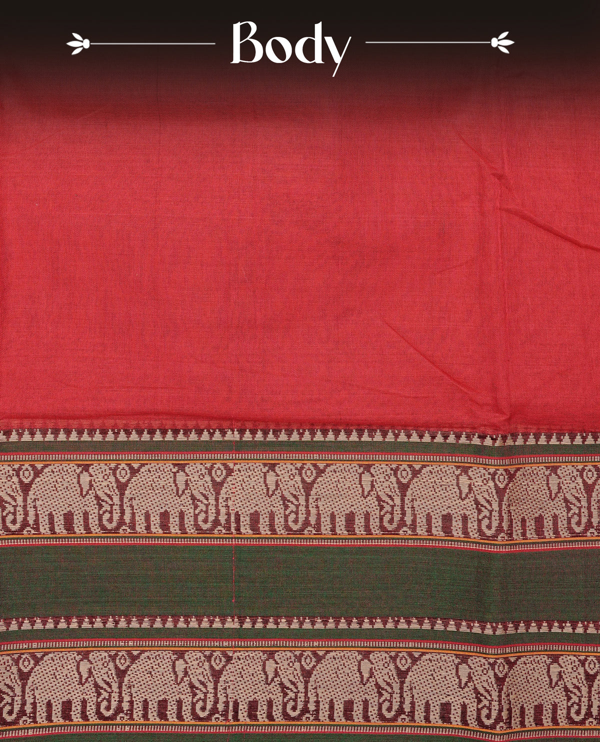 Red colour Narayanapattu cotton saree with a plain body, complemented by a green colour with Beige colour Elephant designed border & contrast pallu, paired with a matching blouse piece.