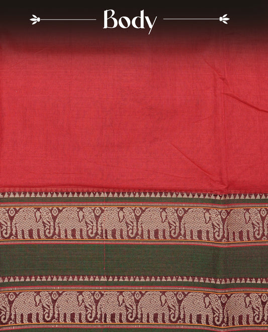 Red colour Narayanapattu cotton saree with a plain body, complemented by a green colour with Beige colour Elephant designed border & contrast pallu, paired with a matching blouse piece.