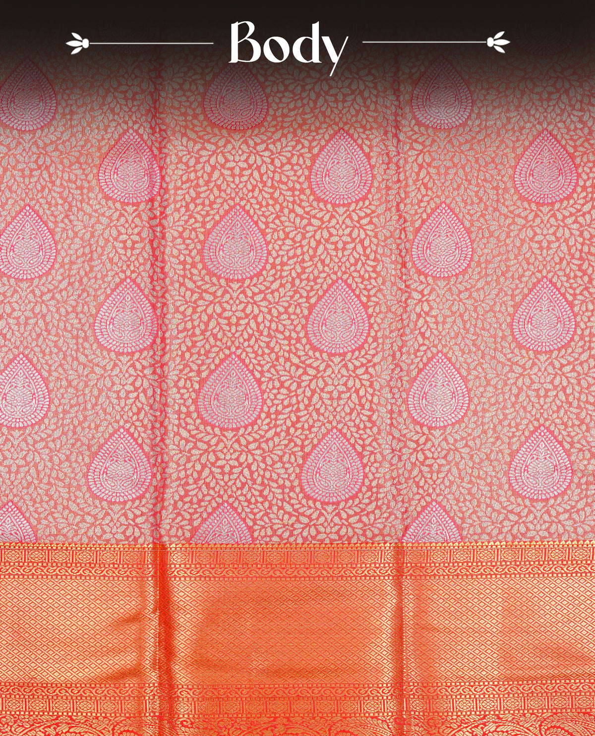 Orange & Gold Double shade Semi Tissue Silk saree featuring Light gold pattern on body, complemented by Contrast Orange with gold zari border, paired with matching blouse piece.