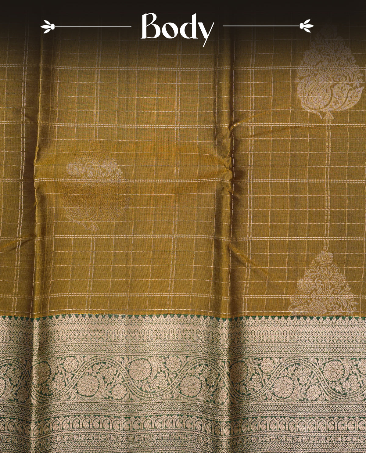 Mustard olive Colour Traditional Kancheepuram Silk Saree with Gold Zari Checks & motifs on the Body, Enhanced with a Contrast Green Colour with Grand Gold Zari  Border and Rich Pallu, Paired with a Matching Blouse Piece.