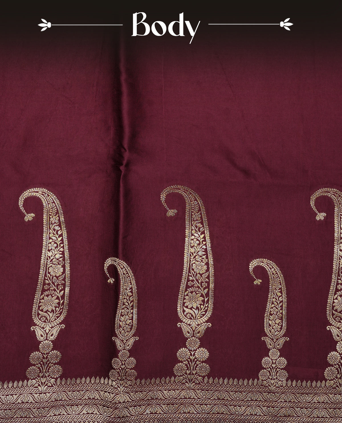 Maroon colour Banaras satin crepe silk saree featuring Plain body, associate with Gold zari traditional border, comes with matching blouse piece.