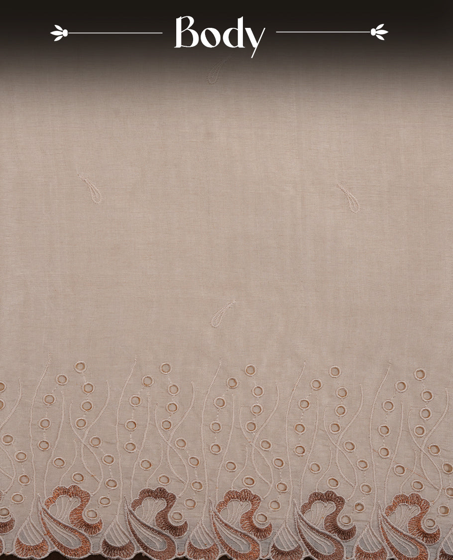 Beige colour Tussar silk saree featuring Elegant plain body, highlighting Brown colour thread worked scalp border, pallu and paired with matching blouse piece.