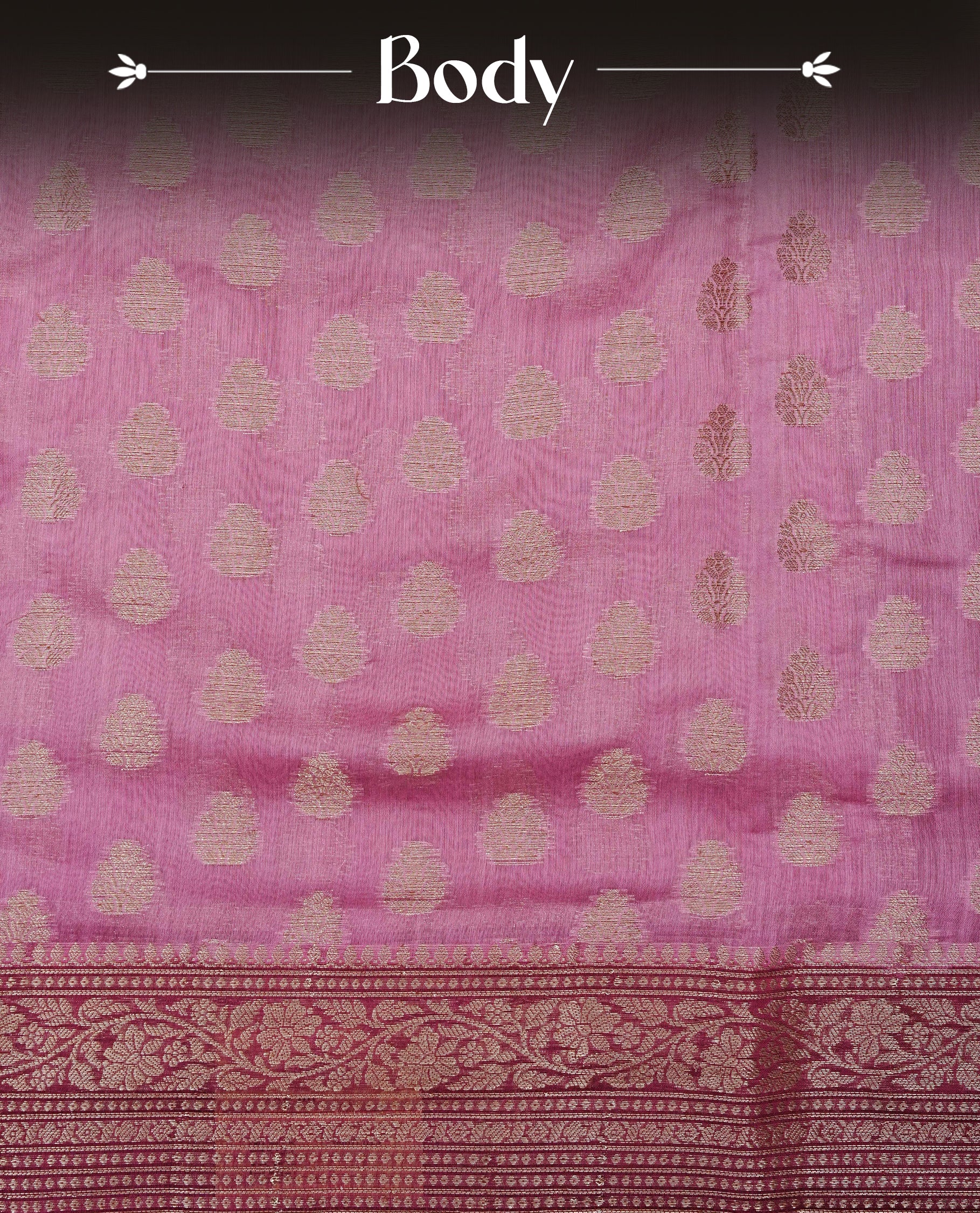 Onion Pink colour Tussar Silk saree featuring antique zari butta motifs on the body, complemented by a contrasting maroon floral zari border and pallu, paired with a matching blouse piece.