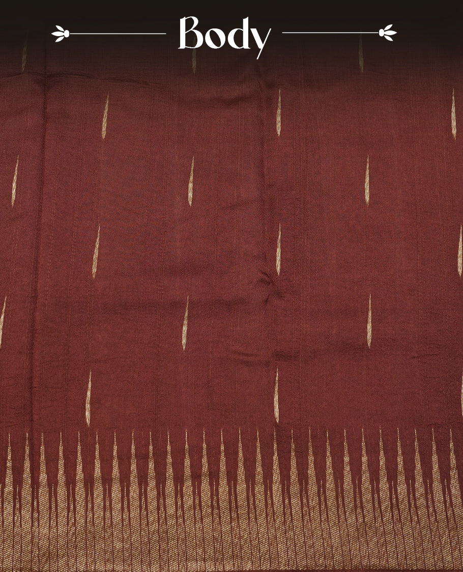 Chocolate Brown colour semi banaras tussar georgette saree featuring antique gold zari buttas on body, temple pattern on border and floral pattern on pallu, paired with matching blouse piece.