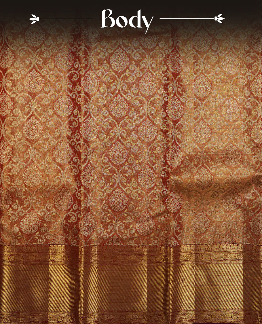 Red & gold double shade colour kancheepuram tissue silk saree highlighting gold kodi zari pattern body, with contrast maroon colour colour with traditional border and paired with matching blouse.