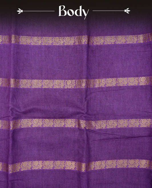 Purple Colour Sungudi Cotton Saree with peacock gold zari stripes on the body, a matching gold zari border, and a striped gold zari pallu. Paired with a contrast Magenta blouse piece  featuring gold zari work.