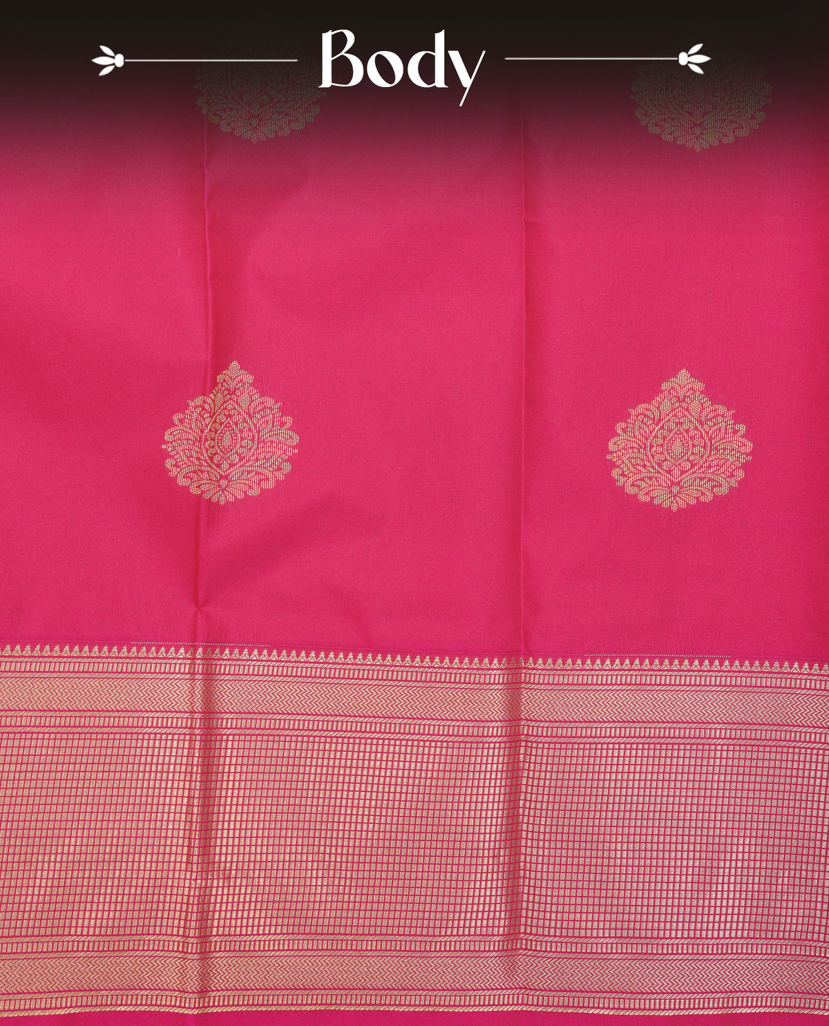 Pink colour soft silk saree featuring gold zari floral motifs on body, contrast self colour traditional border, grand pallu comes with matching blouse piece.