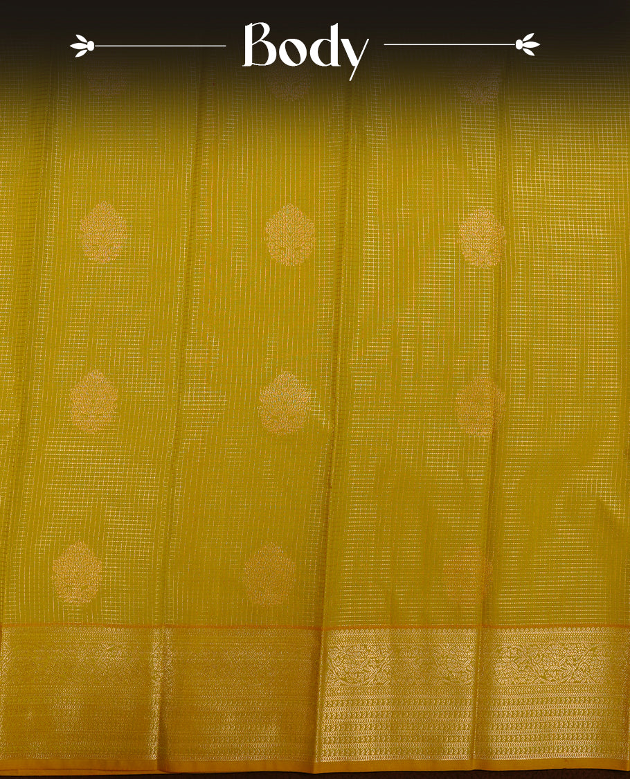 Light oilve coloured soft silk saree featuring gold zari stripes and motifs across the body, enhanced with a selfcolour border and contrast magenta pallu, paired with a matching contrast blouse piece.