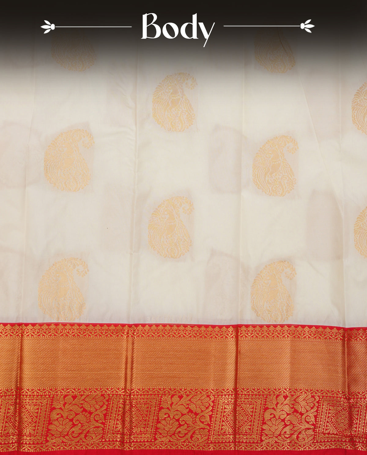 Cream colour silk saree featuring gold zari mango motifs on body, contrast red with gold zari traditional border, contrast grand pallu comes with matching blouse piece .