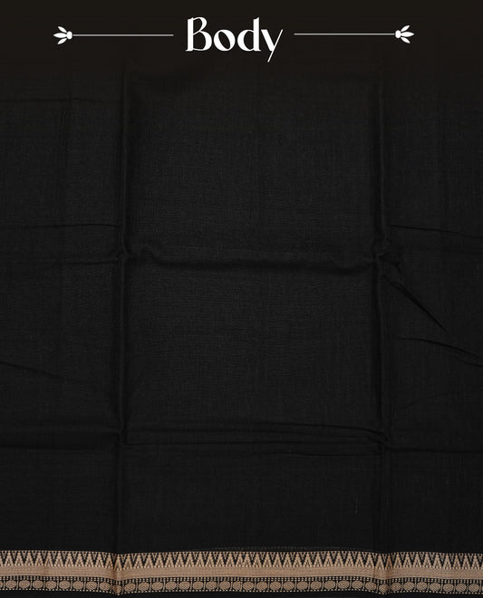 Black colour Narayanapattu cotton saree Featuing a plain body, complemented by a beige colour temple designed border & contrast pallu, paired with a matching blouse piece