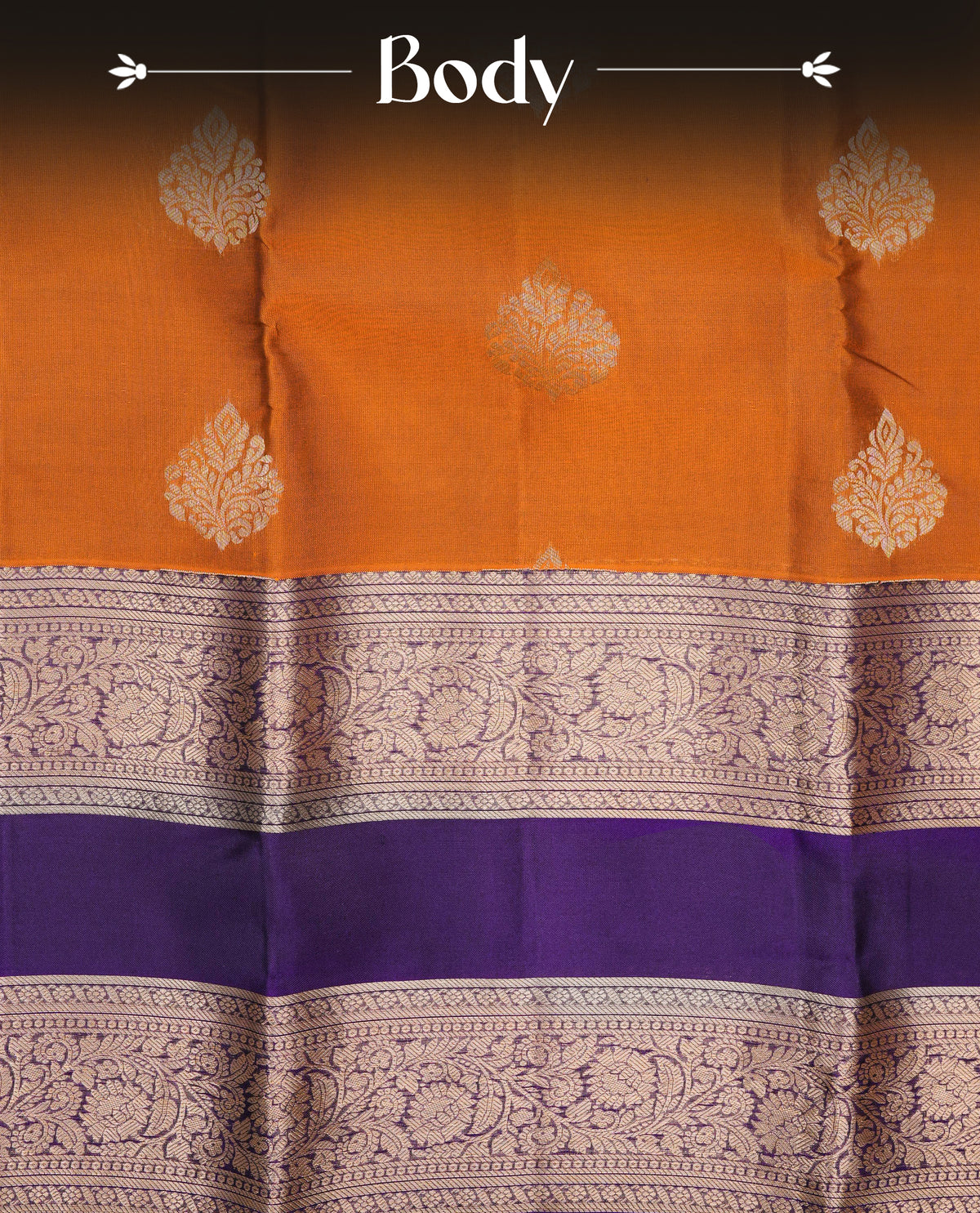 Rust Orange colour Traditional Kancheepuram Silk Saree with Elegant Gold Zari Buttas on the Body, Enhanced with a Contrast Purple Colour with Gold Zari Border and Rich Pallu, Paired with a Matching Blouse Piece.