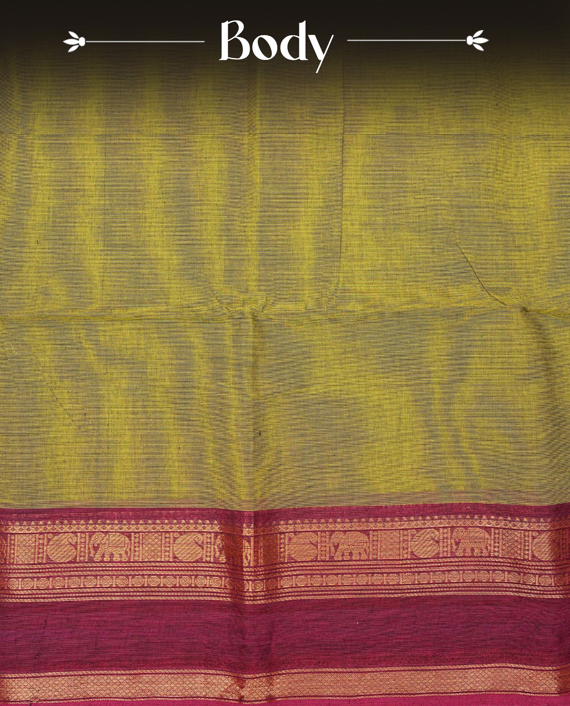 Olive green colour chettinad cotton saree featuring elegant plain body, Contrast magenta colour with Gold zari border, comes with matching blouse piece.