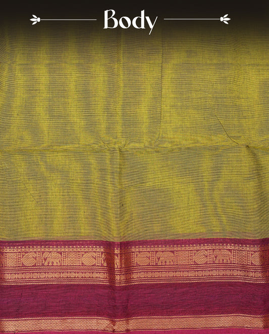 Olive green colour chettinad cotton saree featuring elegant plain body, Contrast magenta colour with Gold zari border, comes with matching blouse piece.