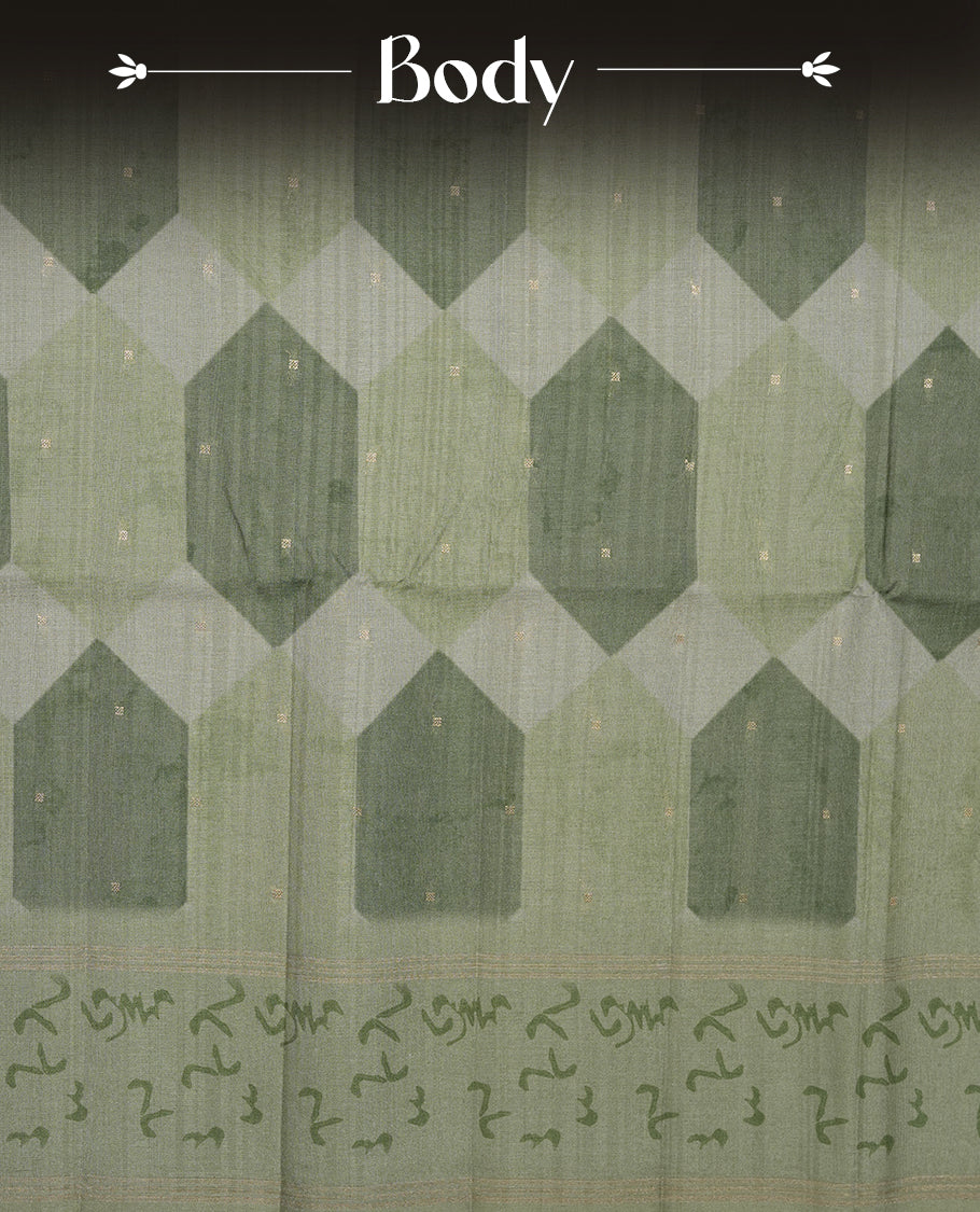 Green colour semi tusser silk saree featuring geometric print pattern across body, gold zari border with style motifs and paired with matching blouse.