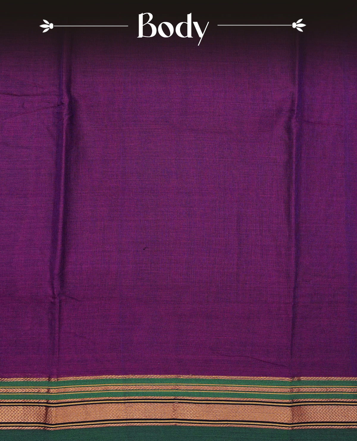 Purple colour Narayanapattu cotton saree with a plain body, complemented by a Green colour with elegant gold zari detailing border & contrast striped pallu, paired with a matching blouse piece.