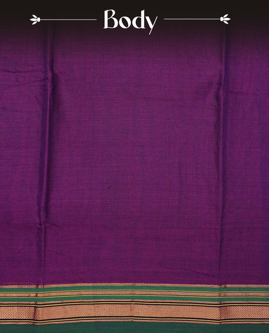 Purple colour Narayanapattu cotton saree with a plain body, complemented by a Green colour with elegant gold zari detailing border & contrast striped pallu, paired with a matching blouse piece.
