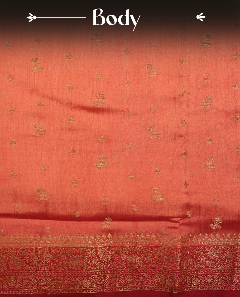 Coral colour Pure banaras soft silk saree featuring Antique zari motifs on body, contrast Deep red colour border , traditional pallu and paired with matching blouse