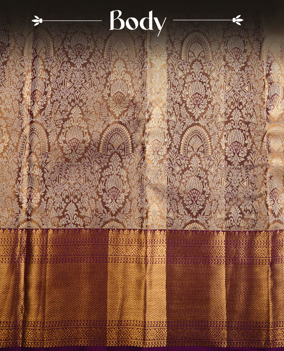 Gold & purple colour kancheepuram tissue silk saree featuring gold zari floral kodi pattern on body, complemented by contrast purple colour with traditional border, paired with matching blouse piece.