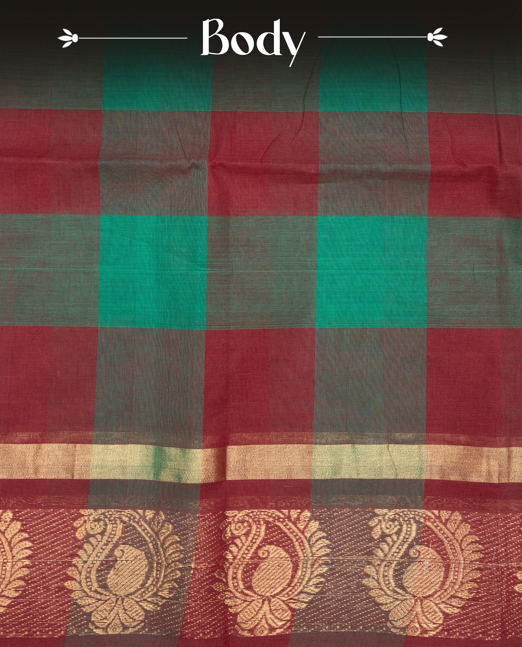 Maroon & green colour chettinad cotton saree featuring check pattern on body, complemented by Self Colour with gold zari border, comes with matching blouse piece.
