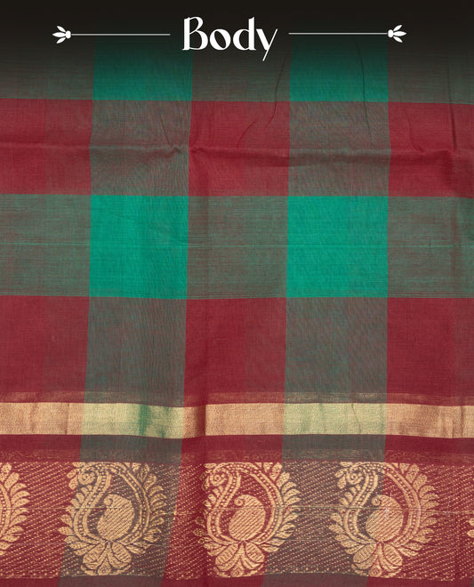 Maroon & green colour chettinad cotton saree featuring check pattern on body, complemented by Self Colour with gold zari border, comes with matching blouse piece.