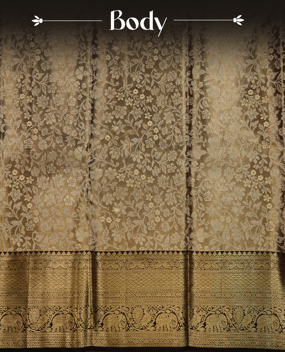 Gold & chocolate brown double shade colour kancheepuram tissue silk saree featuring gold zari floral kodi pattern on body, complemented by contrast chocolate brown colour with traditional border, paired with matching blouse piece.