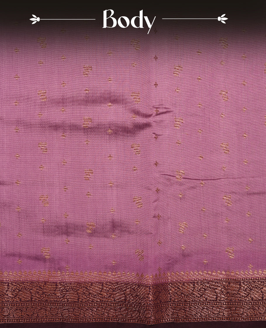 Deep lavender colour Pure banaras soft silk saree featuring Antique zari motifs on body, contrast Blackberry colour border , traditional pallu and paired with matching blouse