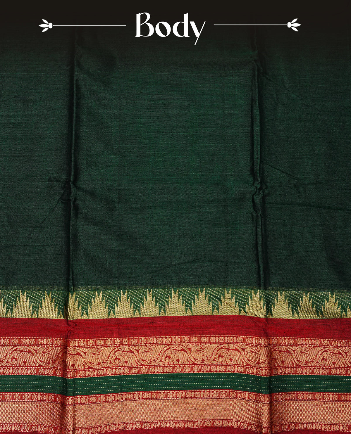 Bottle Green colour Narayanapattu cotton saree with a plain body, complemented by a red colour with Gold Zari temple designed  border & contrast pallu, paired with a matching blouse piece.