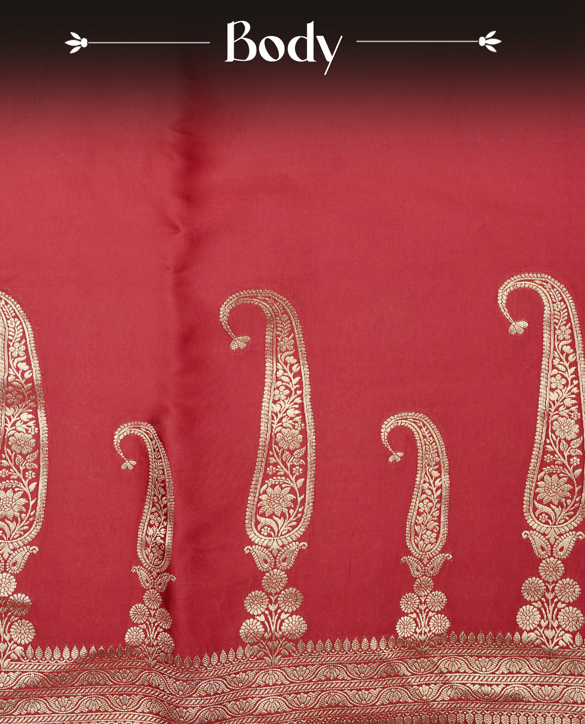 Red colour Banaras satin crepe silk saree featuring Plain body, associate with Gold zari traditional border, comes with matching blouse piece.