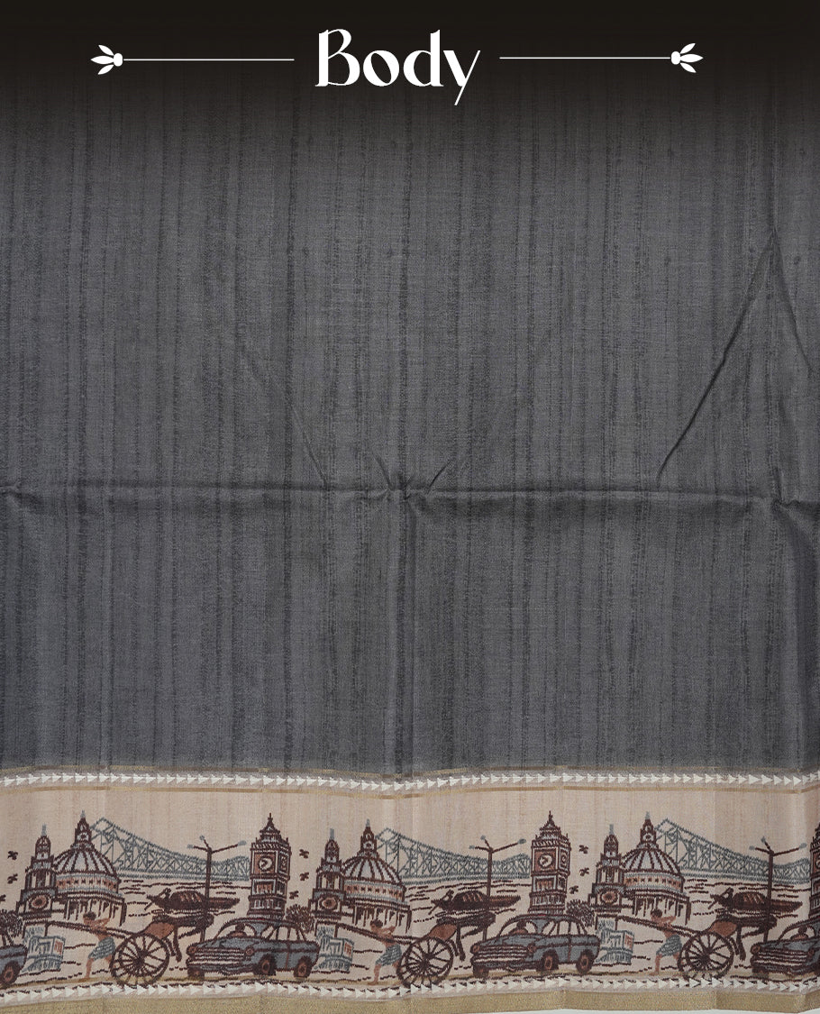 Gray colour semi tusser silk saree featuring contrast cream colour London bridge printed pattern border and paired with matching blouse.