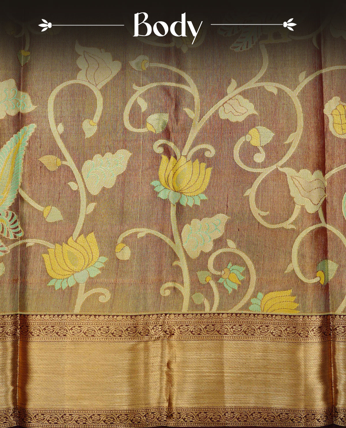 Chocolate & gold double shade pure tissue silk saree featuring aqua zari floral kodi pattern with peacocak on body, complemented by self colour with traditional border, comes with matching blouse piece.