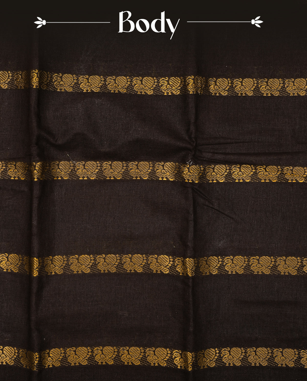Dark chocolate Brown  Colour Sungudi Cotton Saree with peacock gold zari stripes on the body, a matching gold zari border, and a striped gold zari pallu. Paired with a contrast Beige blouse piece  featuring gold zari work.