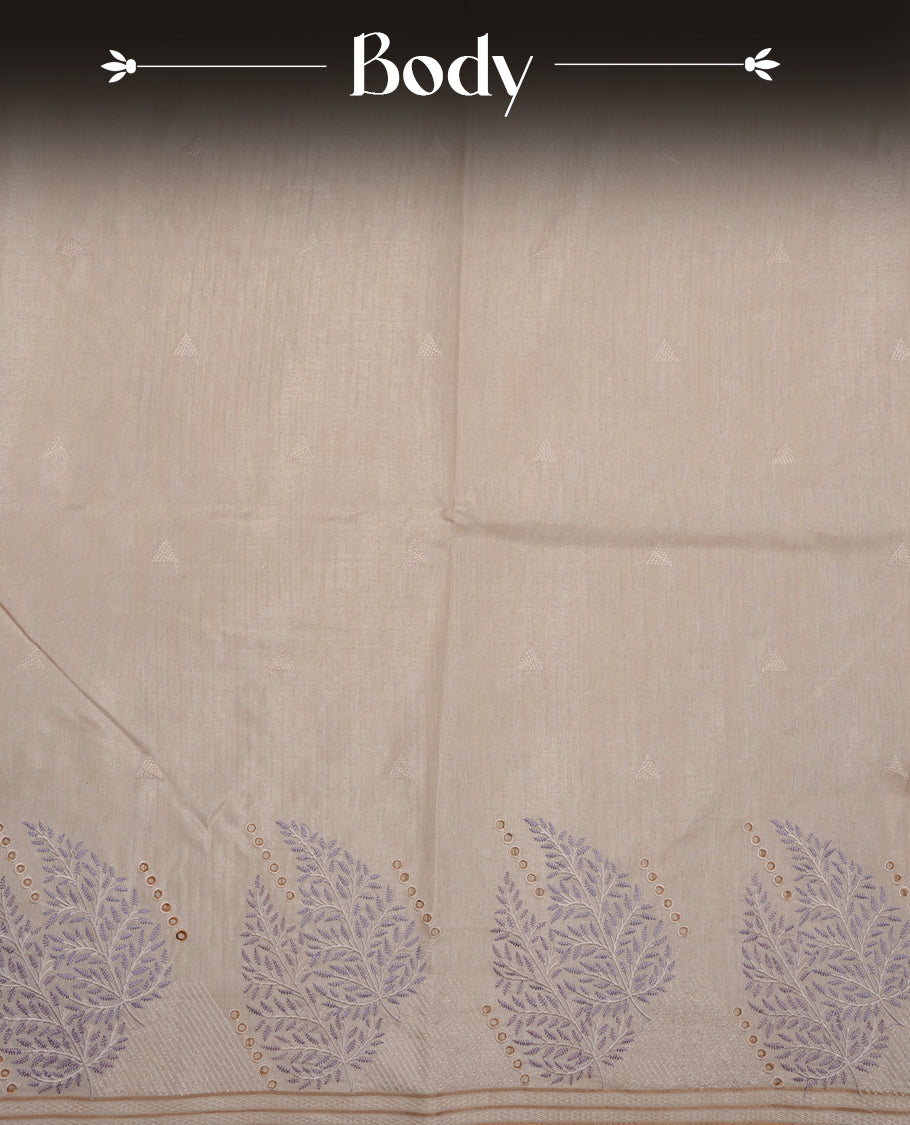 Beige colour Tussar silk saree featuring Elegant plain body, highlighting Lavender colour Leaf cut work with Light gold zari border, pallu and paired with matching blouse piece.