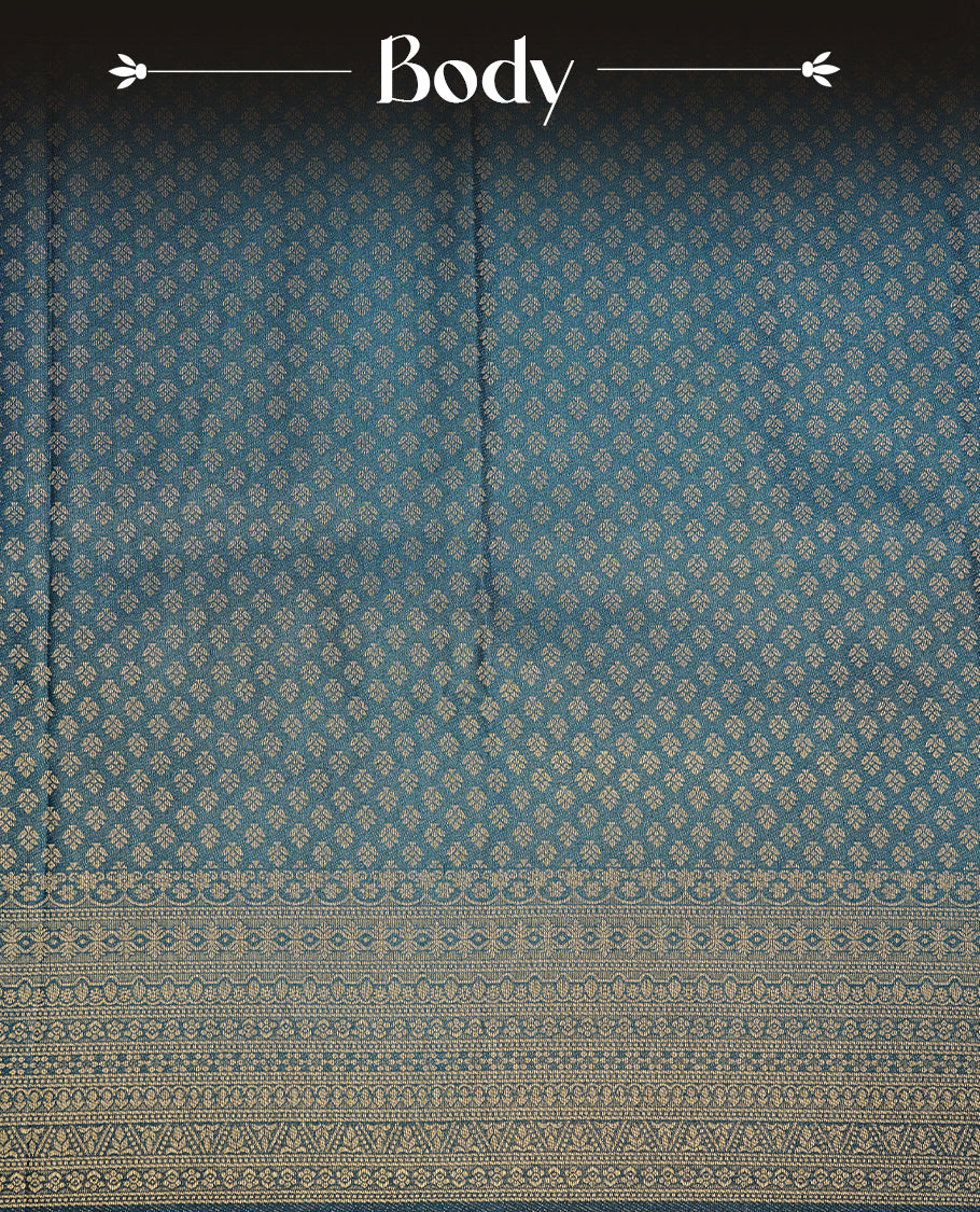 Navy blue colour soft silk saree featuring gold zari pattern on body, complemented by self colour with traditional border, paired with matching blouse piece.