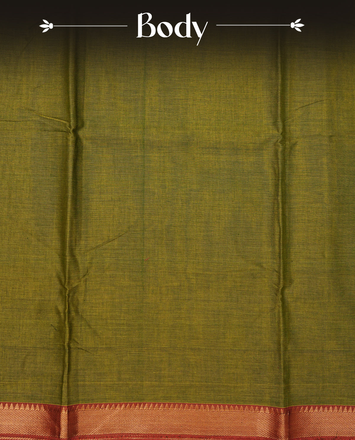 Lime Green colour Narayanapattu cotton saree with a plain body, complemented by a brick red colour with Gold Zari border & contrast pallu, paired with a matching blouse piece.