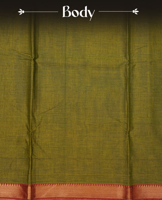 Lime Green colour Narayanapattu cotton saree with a plain body, complemented by a brick red colour with Gold Zari border & contrast pallu, paired with a matching blouse piece.