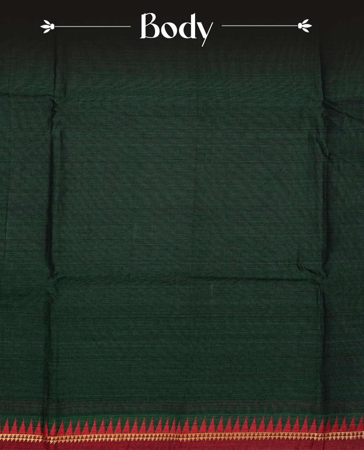 Dark Green colour Narayanapattu cotton saree with a plain body, complemented by a Maroon colour with gold zari and red colour temple designed border & contrast pallu, paired with a matching blouse piece.