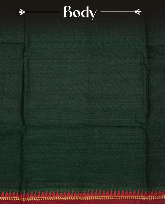 Dark Green colour Narayanapattu cotton saree with a plain body, complemented by a Maroon colour with gold zari and red colour temple designed border & contrast pallu, paired with a matching blouse piece.