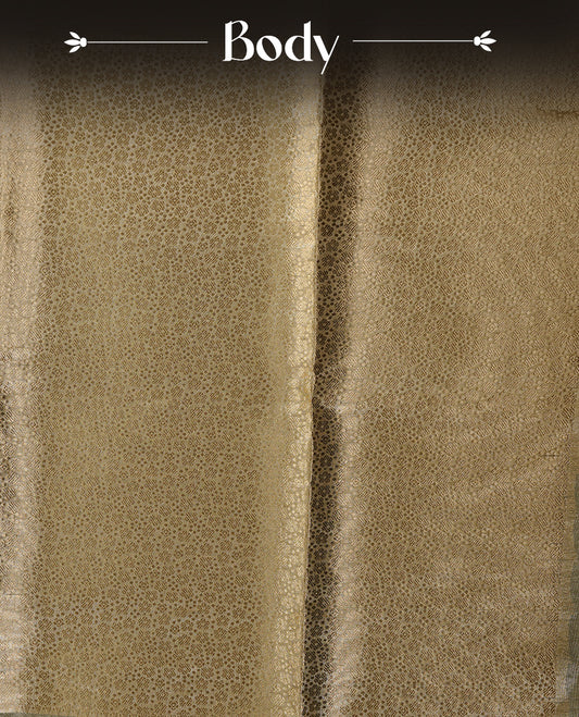 Yellow & gold double shade pure banaras tissue silk saree featuring gold zari floral & stripes on body, complemented by gold zari border, paired with matching blouse piece.