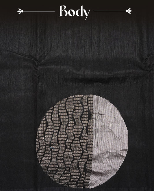 Black colour semi tussar silk saree featuring bold thread polka dot body, no specific border, comes with matching blouse piece