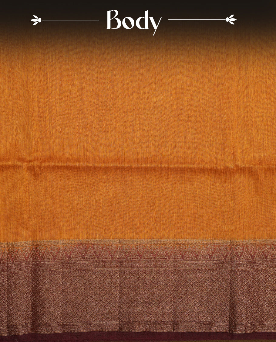 Mustard colour semi linen silk saree featuring antique zari motifs on body, traditional border with contrast Chocolate colour, pallu and paired with matching blouse