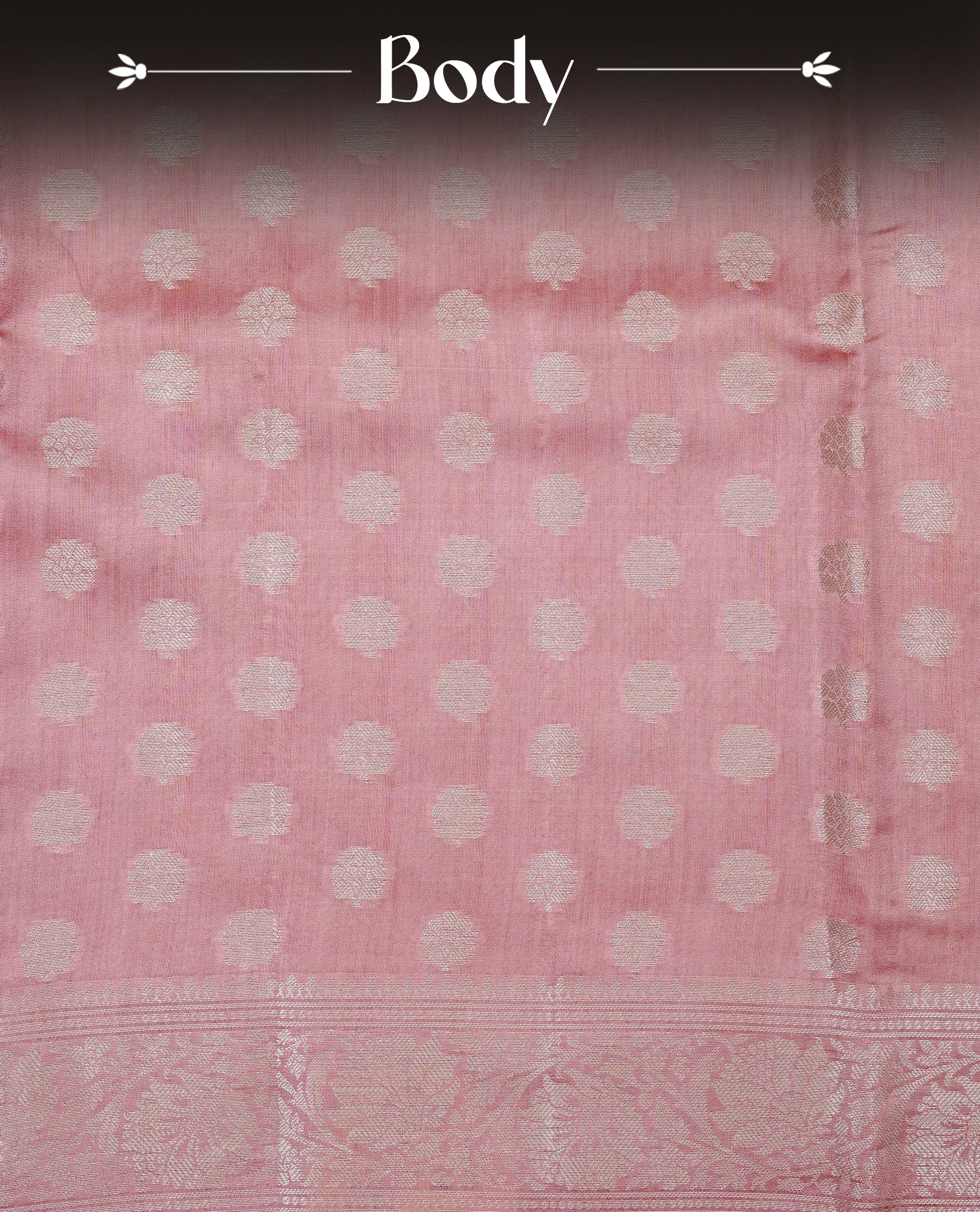 Peach Pink Colour Tussar Silk Saree with silver zari buttas on the body, an elegant silver zari border and intricately designed pallu, paired with a matching blouse piece.