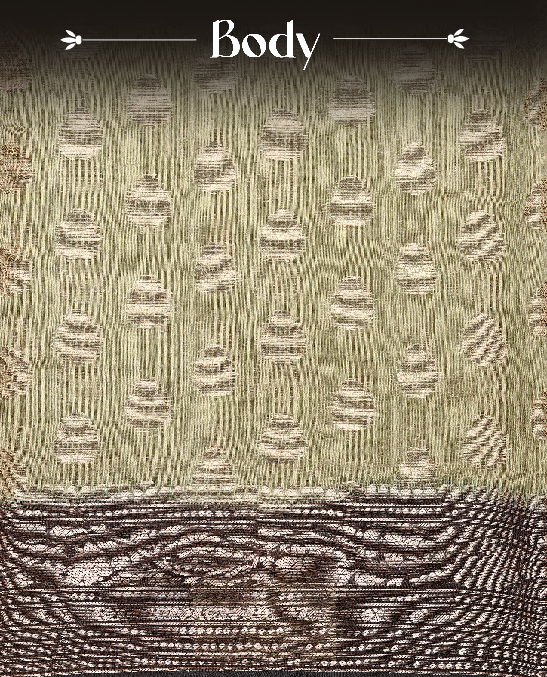 Pastel Olive Colour Tussar Silk saree with antique zari butta motifs On Body, a Brown floral zari border, a rich zari pallu, and a matching blouse piece.