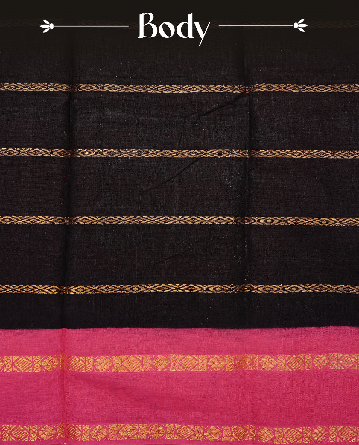 Dark chocolate colour colour Sungudi cotton saree featuring elegant gold zari stripes on the body, complemented by a contrast magenta with gold zari border and pallu, paired with a matching blouse piece