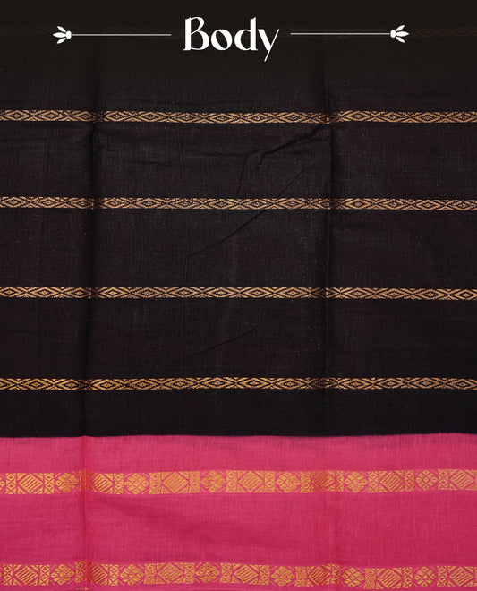 Dark chocolate colour colour Sungudi cotton saree featuring elegant gold zari stripes on the body, complemented by a contrast magenta with gold zari border and pallu, paired with a matching blouse piece