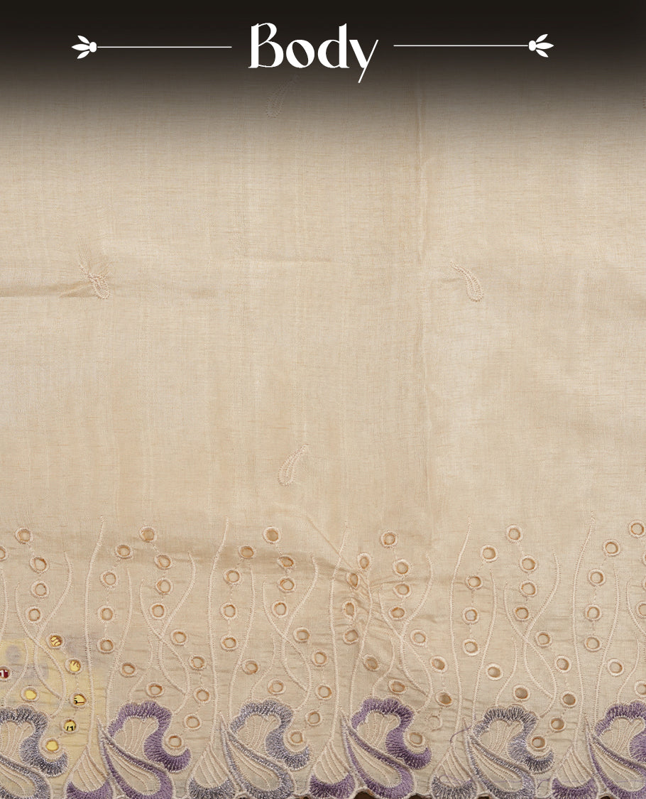 Beige colour Tussar silk saree featuring Elegant plain body, highlighting Lavender colour thread worked scalp border, pallu and paired with matching blouse piece.