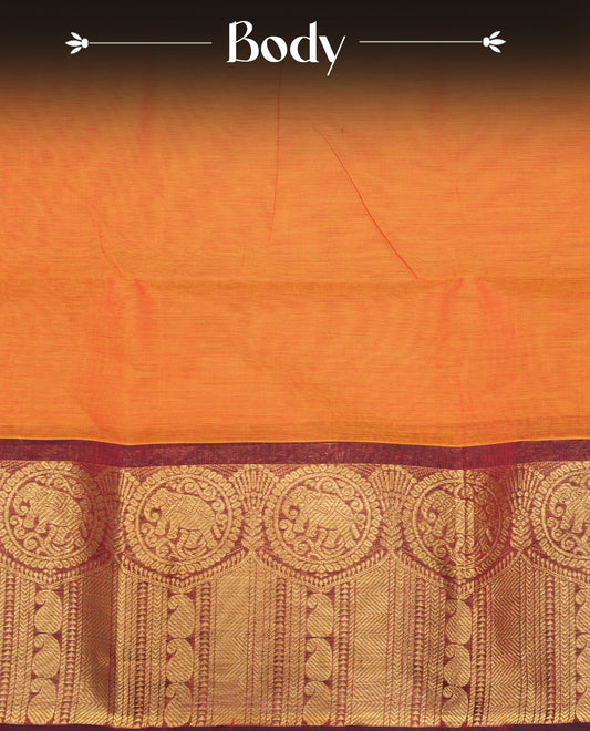 Rust orange colour chettinad cotton saree featuring elegant plain body, Contrast maroon colour with Gold zari border, comes with matching blouse piece.