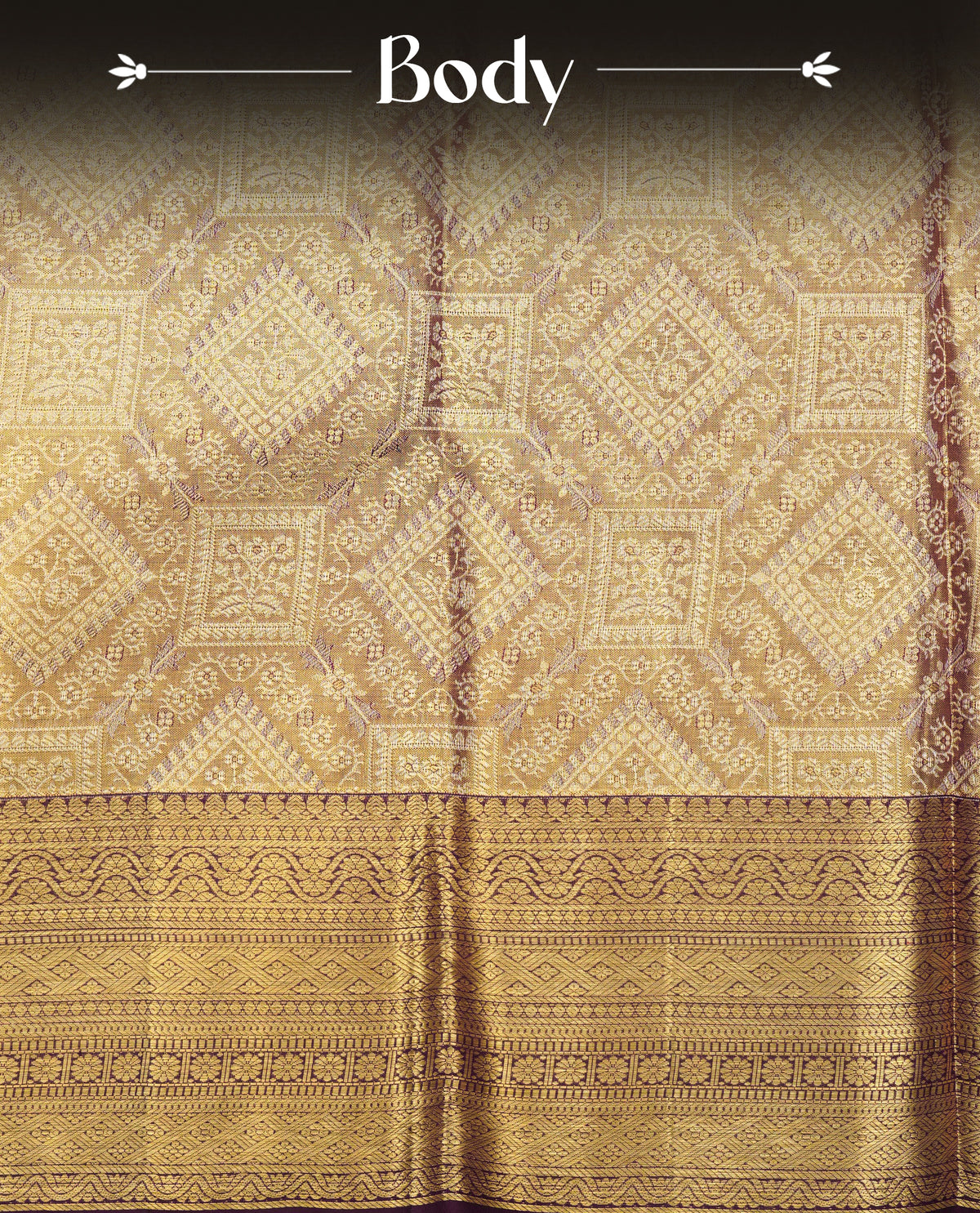 Gold colour pure tissue silk saree featuring gold zari geometric pattern on body, complemented by contrast Chocolate colour with traditional border, comes with matching blouse piece.