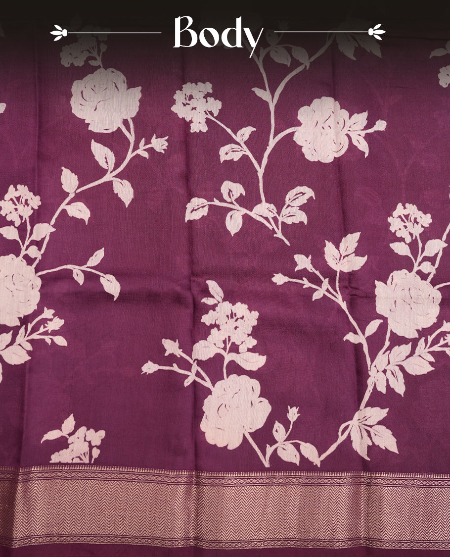 Grape Purple colour Viscos semi printed saree featuring a light golden zari border, abstract off white printed motifs on the body, and comes with a matching blouse