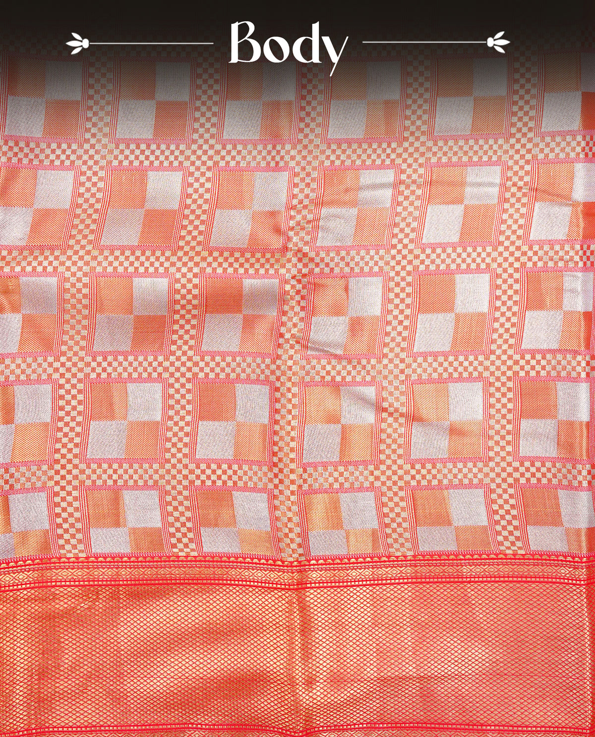 Red & Gold Double shade Semi Tissue Silk saree featuring Light gold & silver Box pattern on body, complemented by Contrast Red with gold zari border, paired with matching blouse piece.